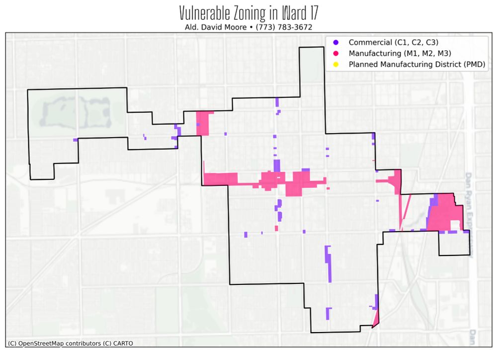 a map color coded to show zoning affected by the cumulative impacts ordinance labeled 

Vulnerable Zoning in Ward 17
Ald. David Moore • (773) 783-3672

purple: commercial (c1, c2, c3) 
pink: manufacturing (m1, m2, m3) 
yellow: planned manufacturing district (PMD)