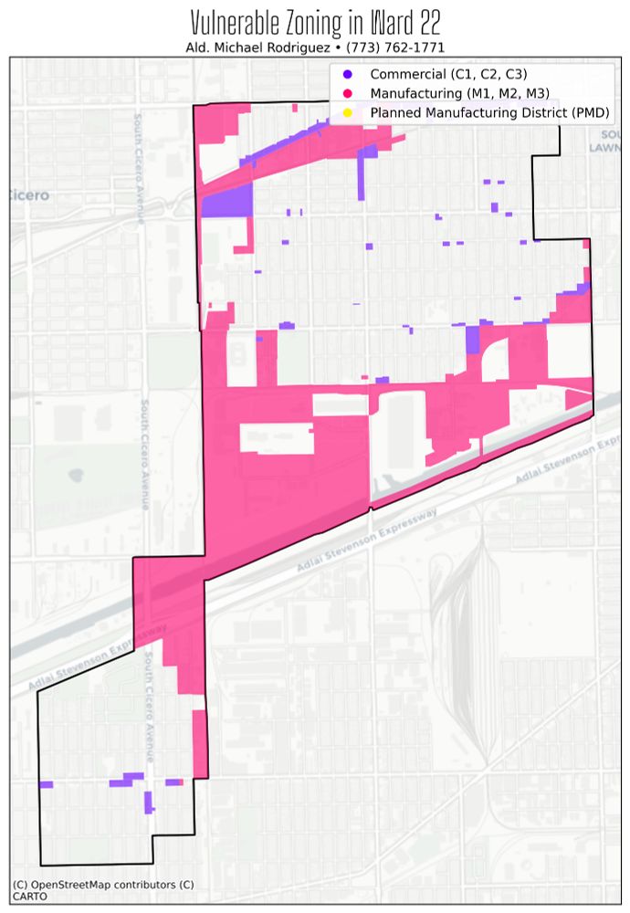 a map color coded to show zoning affected by the cumulative impacts ordinance labeled 

Vulnerable Zoning in Ward 22
Ald. Michael Rodriguez • (773) 762-1771

purple: commercial (c1, c2, c3) 
pink: manufacturing (m1, m2, m3) 
yellow: planned manufacturing district (PMD)

