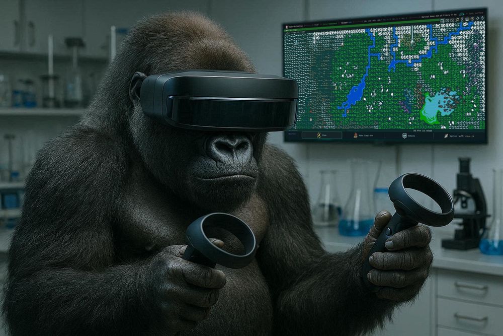 A gorilla using VR to play Hugo award winning video game Caves of Qud 