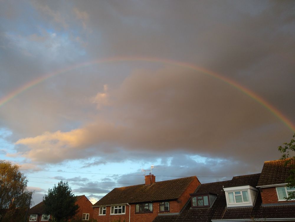 Rainbow flying over streets and houses.
