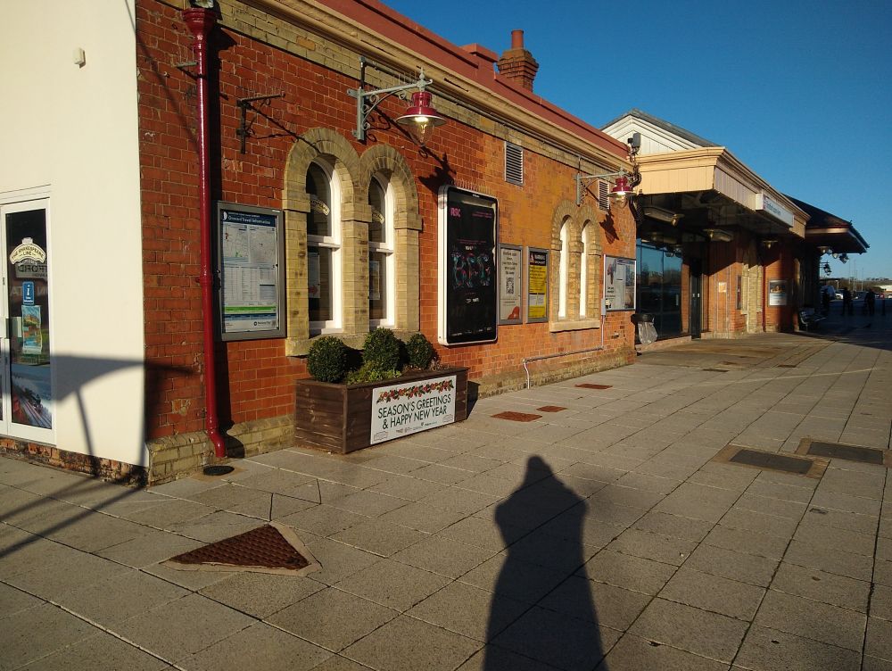 One of the Christmas banners outside Stratford-upon-Avon town station main building.
