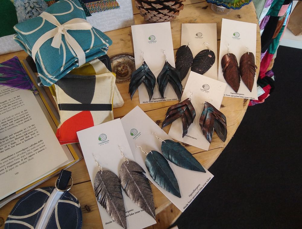 A selection of the feather earrings made from old bicycle inner tubes on display at the Charnwood Eco Hub in Loughborough.