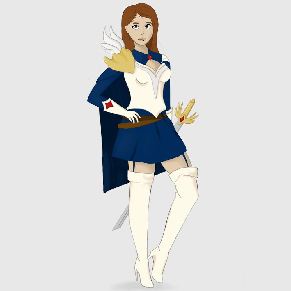A character in a navy and white costume with thigh-high boots, featuring wing accents on the shoulders and red gem details. The design combines navy blue fabric with white accents and a cape.