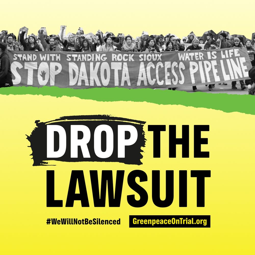 Poster. Top shows photo of crowds from Standing Rock protest with banner that reads: Stand With Standing Rock Sioux Water Is Life and Stop Dakota Access Pipeline. Bottom is yellow with black and white letters that read: Drop the Lawsuit #WeWillNotBeSilenced GreenpeaceOnTrial.org