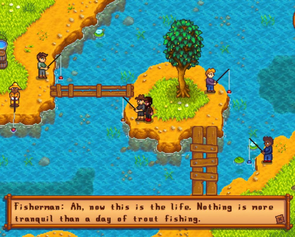 Small island in a lake with a tree, and three people standing on it. Two bridges connect it to the mainland. Player character is standing pressed up behind an NPC. 