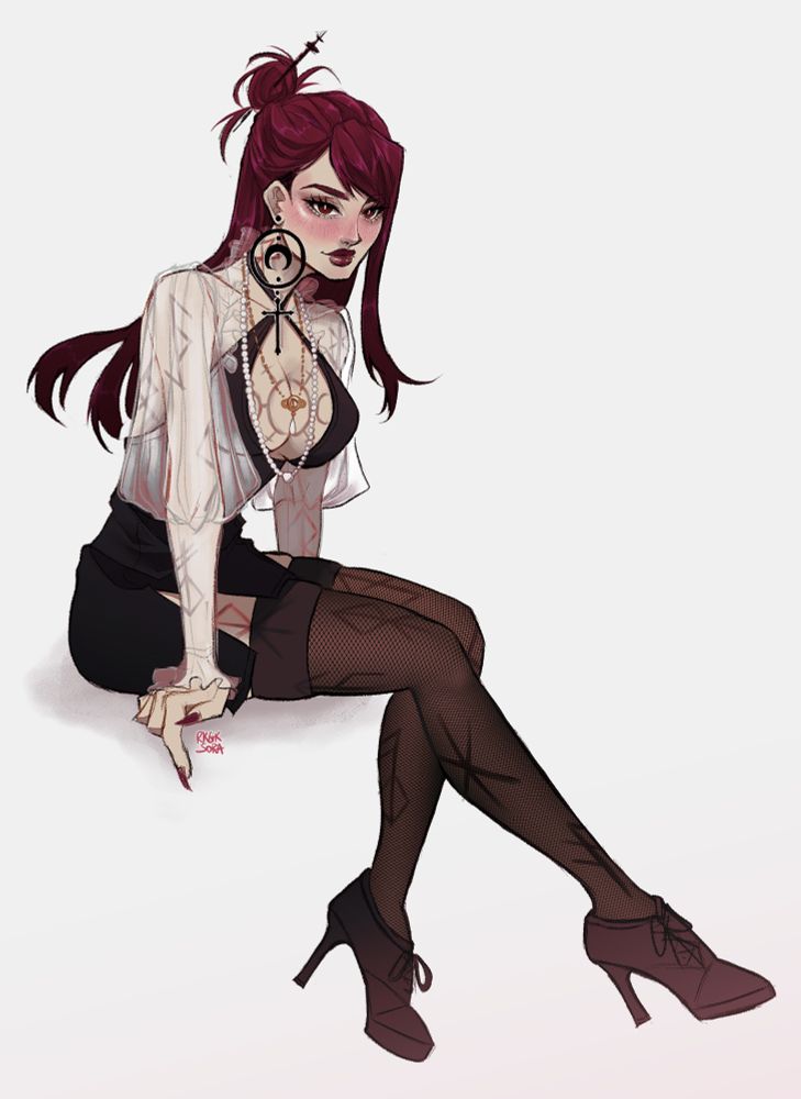 my original witch character Morrigan sitting (on nothing bc I don’t know how to draw backgrounds lol) She has rune tattoos all over her body 