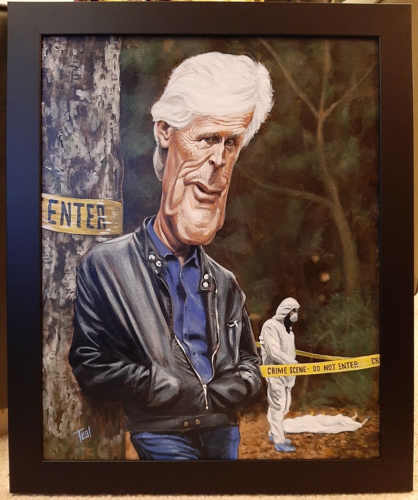 Caricature of Keith Morrison leaning against a tree at a cordoned-off crime scene. A forensics guy in a hazmat suit stands by a covered body in the background. 