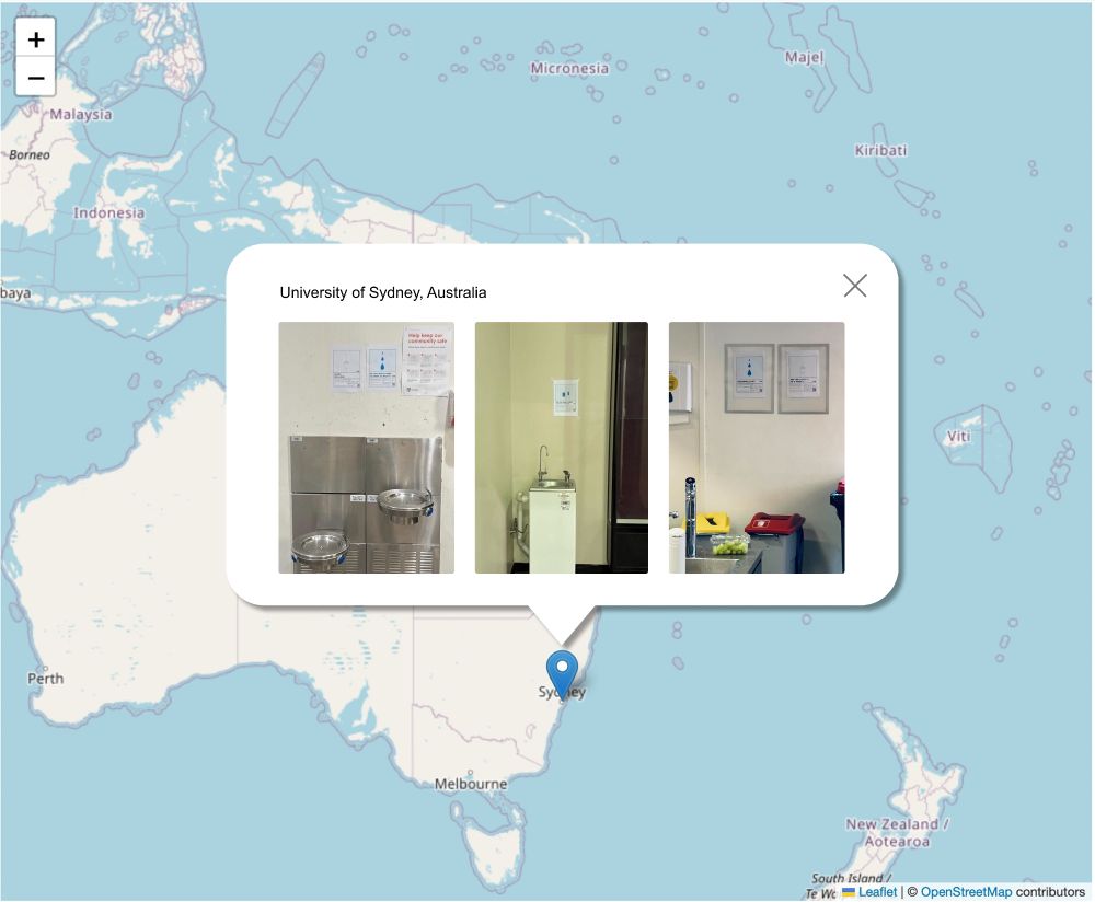 A map with a pop-up of the location "University of Sydney, Australia" and images of Save The AI posters displayed near water fountains.