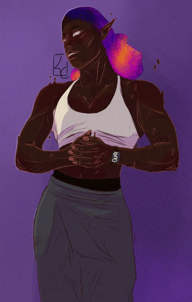 Digital drawing of my OC Marina in athletic gear standing with her hands in front of her