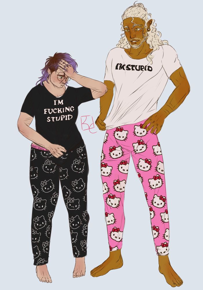 Digital art piece of the two main characters from Angels Lament in matching Hello Kitty PJs
Simon (left) is wearing a black set with a shirt that says “I’m fucking stupid” while Eddie (right) wears a pink and white set with a shirt that says “I’m stupid”