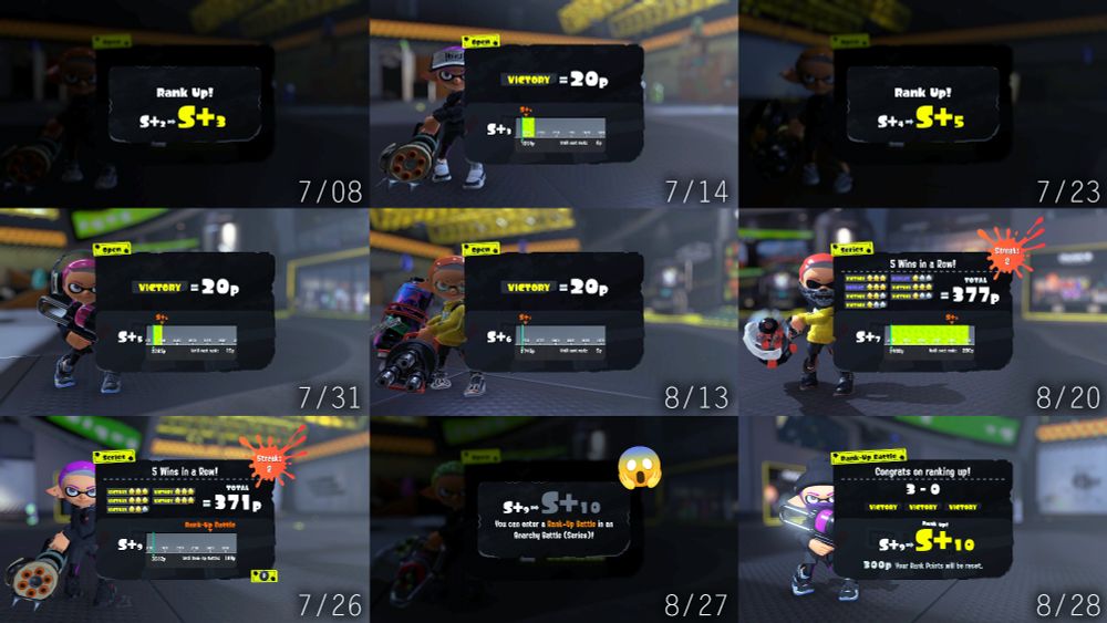 screenshots of the game Splatoon 3 showing a player's ranking progression within a period of about 2 months, starting from S+2 and ending at S+10