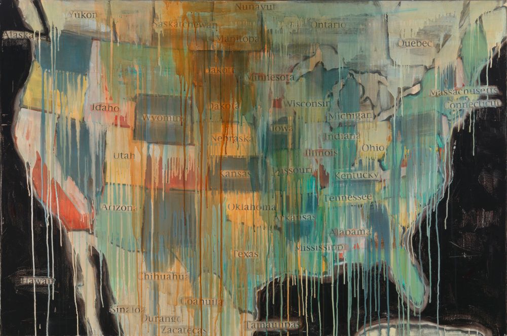 State Names, by Native American artist Jaune Quick-To-See Smith. "Dripping paint and newspaper clippings obscure a map of North America in State Names. The only names left visible are those that stem from indigenous sources. The collaged layers act as sequences of time, partially eclipsing the past while highlighting the injustices endured by Native Americans throughout history."
