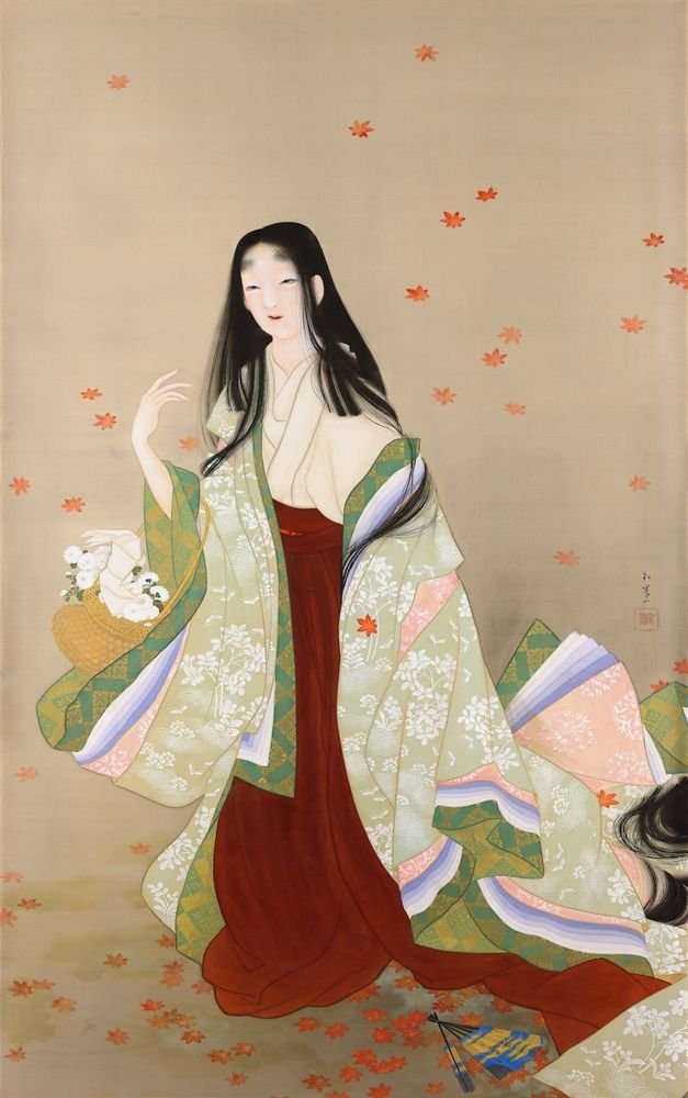 A painting by Uemura Shōen.

This is Hanagatami (花筐) [Flower Basket], 1915, color on silk, 127 × 208 cm, Shohaku Art Museum

It depicts a woman holding a flower basket, inspired by the Noh play "Hanagatami". The painting is notable for its delicate depiction of feminine beauty and its exploration of the inner thoughts and emotions of the subject. 