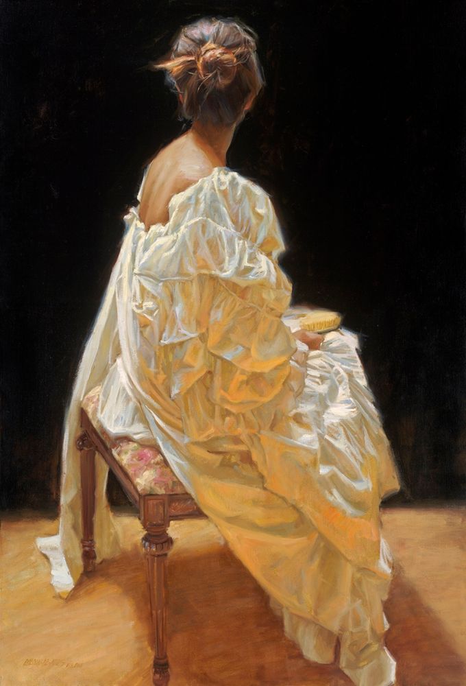 "Oil painting 'Reflection' by Gladys Roldan-de-Moras. It features a figure, possibly a 'classic damsel' in a delicate pose, reflecting the artist's focus on Spanish culture and intimate moments, and was awarded Best in Show at the Haggin Museum."