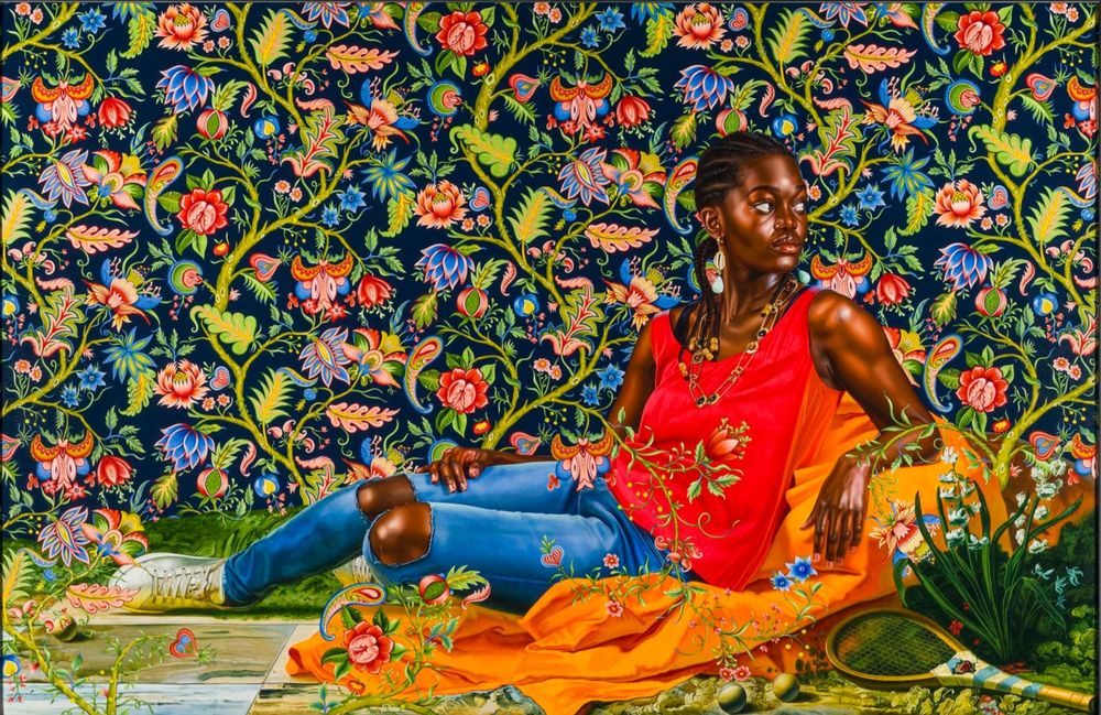 Painting / Portrait by Kehinde Wiley. (American, born 1977), The Death of Hyacinth (Ndey Buri Mboup), 2022. Oil on canvas, 93 9/16 x 144 3/16 in

It is beautifully colorful. The subject is wearing worn white sneakers, a bright red sleeveless shirt and blue jeans with holes in the knees. She is sitting on the ground, with a floral background. 