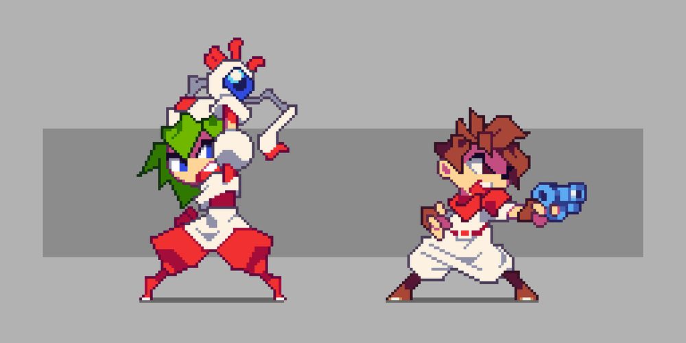 Two Pixel Art characters. Marina from Mischief Makers, holding up her hand, and Gunstar Red, facing to the right. Marina has green hair, red pants and a white skirt, while Gunstar Red has brown hair, a red scarf, brown boots and white outfit, holding a blue gun. 
