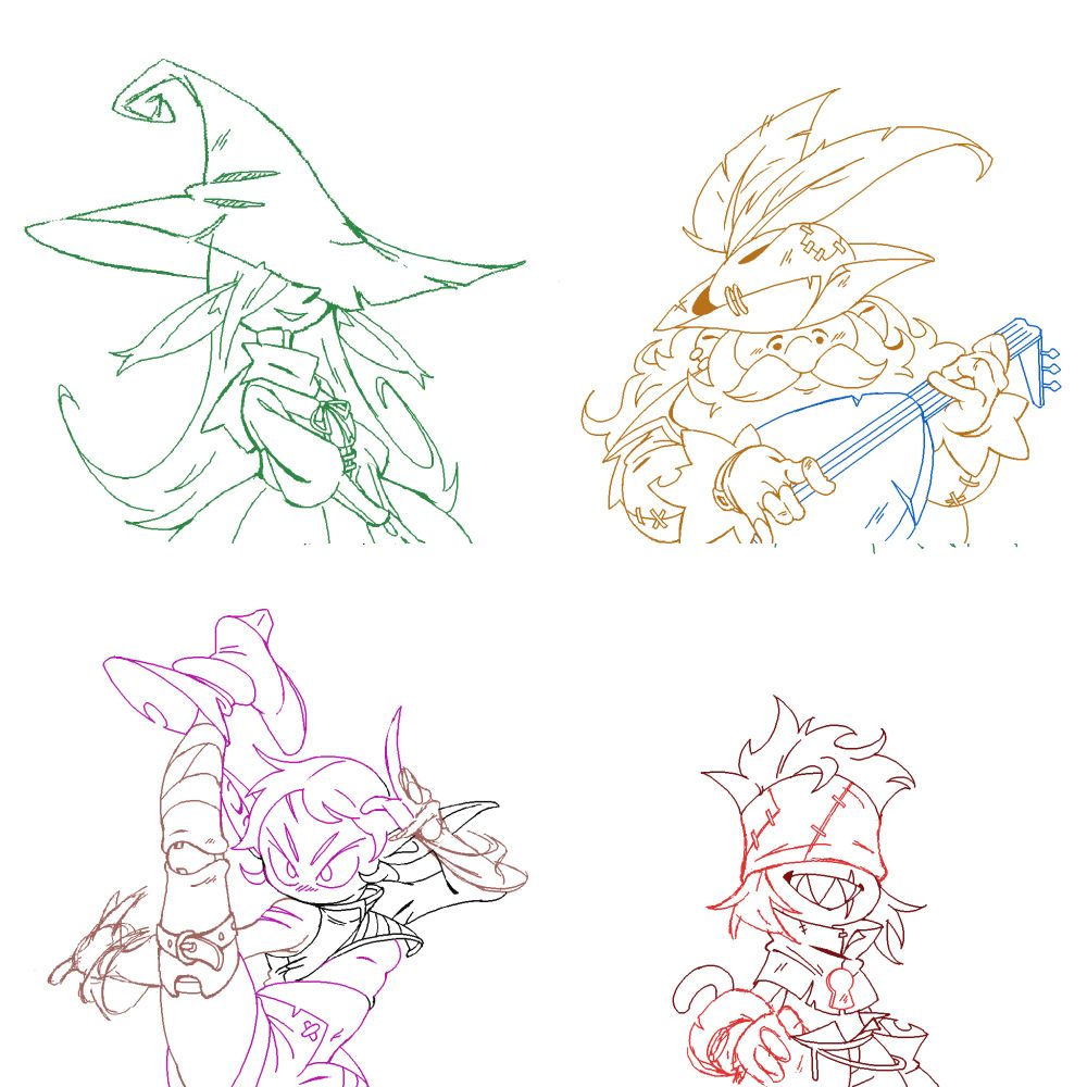rough sketches of 4 characters, starting top left going clockwise: a night elf witch with a big witch hat, a dwarf bard playing the lute, a small rogue-type character with a big grin, and an elven fighter with a prosthetic leg. 