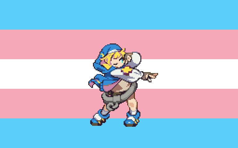 Pixel Art sprite of Bridget, as seen in Guilty Gear Strive, with a transgender flag background. 