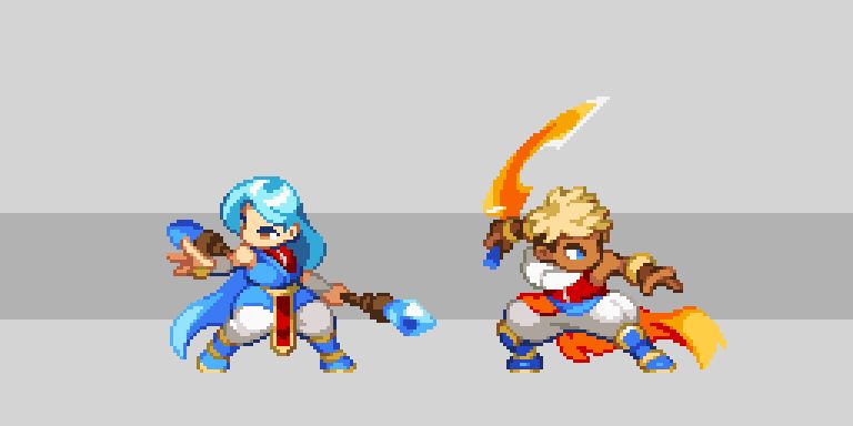 Pixel art sprites of Valere and Zale from Sea of Stars on a grey background. They are in action poses, facing away from each other