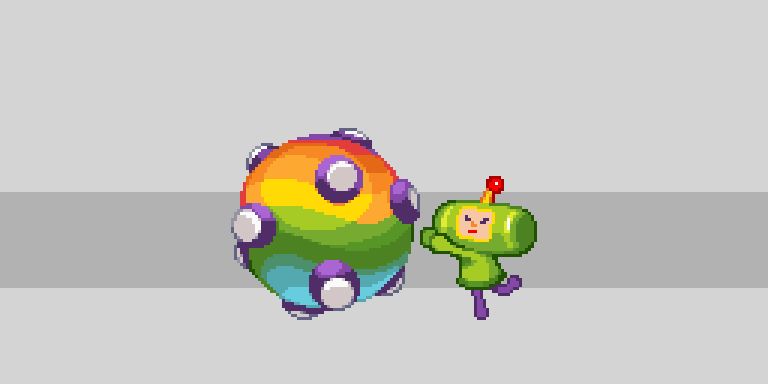Pixel art sprite of The Prince from Katamari Damacy rolling a rainbow gradient katamari to the left on a grey background