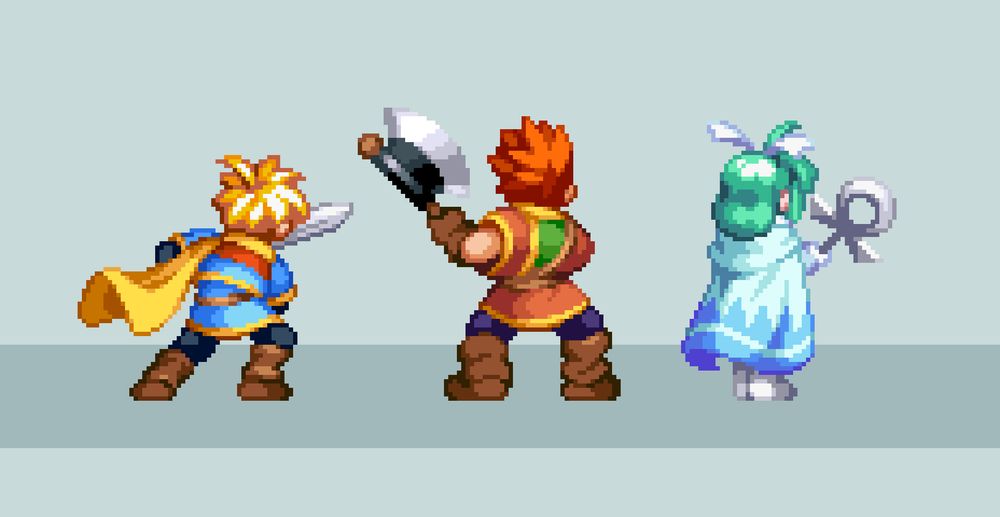 Back facing pixel art sprites of Isaac, Garet and Mia from Golden Sun, on a light grey background. They all have weapons in hand, as if ready for combat. 