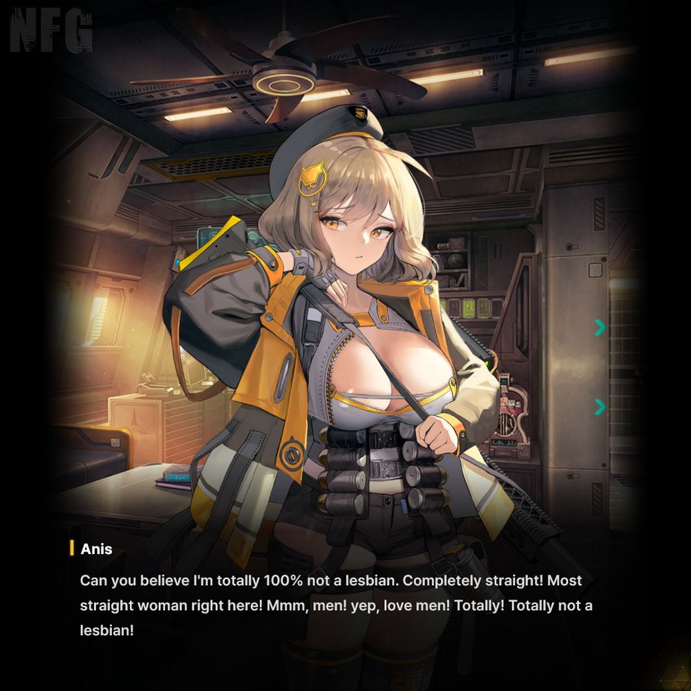 Anis from Nikke goddess of Victory in an edited image saying "Can you believe I'm totally 100% not a lesbian. Completely straight! Most straight woman right here! Mmm, men! yep, love men! Totally! Totally not a lesbian!"