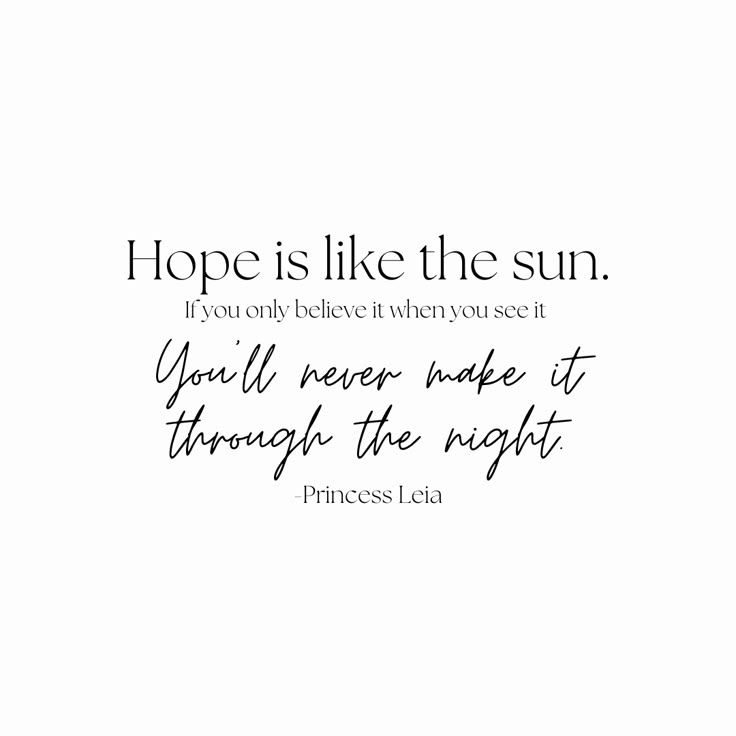 Hope is like the sun.
If you only believe it when you see it
You'll never make it
through the night
-Princess Leia