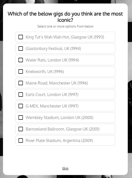 Oasis giveaway survey form. The user is prompted to choose the most iconic concerts oasis has ever played.
