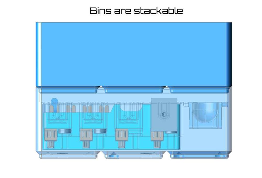 Side view of the new Gridfinity H2D Spares bin.  The view shows that the bins are stackable when loaded with the spare hotends, cutters and wipers.  The Bin can be found over at MakerWorld:

https://makerworld.com/en/models/1360047-h2d-gridfinity-spares-2x3-6u-bin