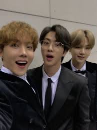Jhope, Jin, and Yoongi looking sexy in suits and happy.