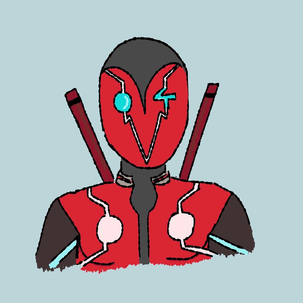 A drawing of Deadpool 2099 from Deadpool and Wolverine. She’s winking. Her and all the other drawings are brightly coloured in a simplistic style.