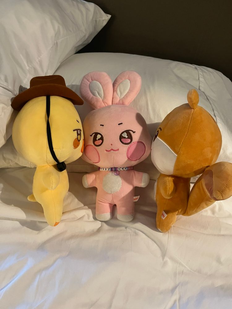bbyongming wearing a cowboy hat and jjoongrami giving ddeongbyeoli a little kiss on a hotel bed. ddeongbyeoli is wearing a freebie bracelet as a necklace.