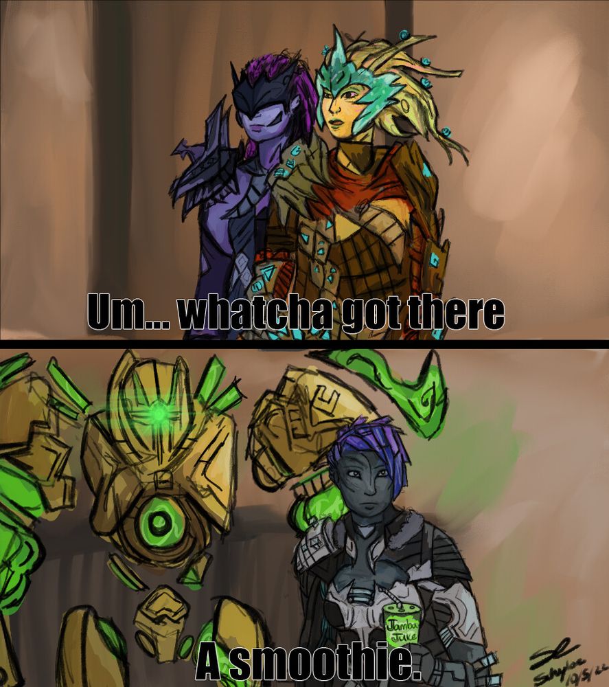 Ceres, Quin (top left to right) and Emocja with a jade mech, mimicking the icarly smoothie and ostrich meme. 