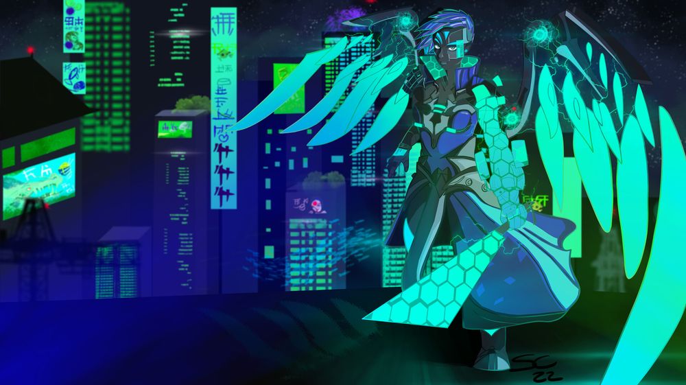 Guild Wars 2 Cyberpunk cross over with a sylvari holosmith with a cyberpunk like jacket hood. Scenery is new Kaineng at night. 