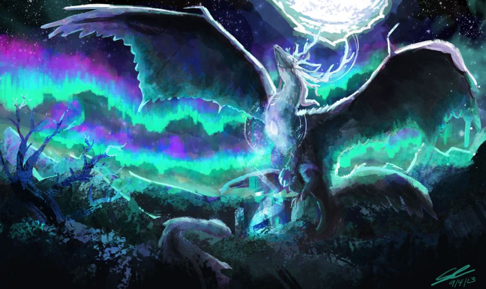 Dragon and a hero under a full moon