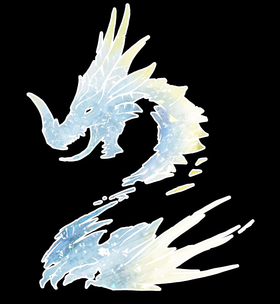 Guild Wars 2 logo as designed as aurene. White, blue and yellow with sparkles of color, she has her iconic horns as well.