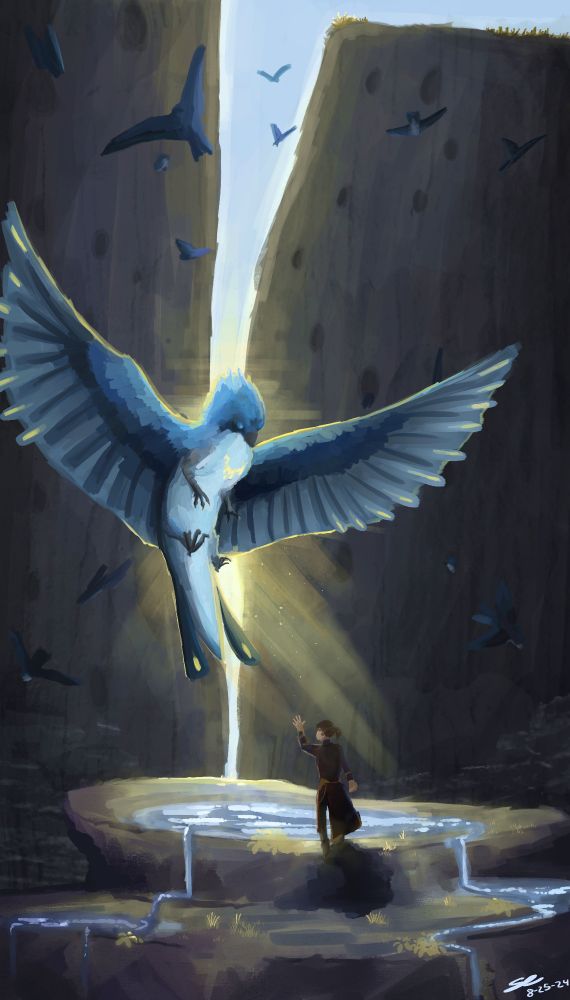 A person reaching out to a swallow/swift like griffon. Light is coming from behind the griffon behind two large cliffs with holes in them. Griffons fly from the holes. Below the person is standing on tide pools of water that is dropping down.