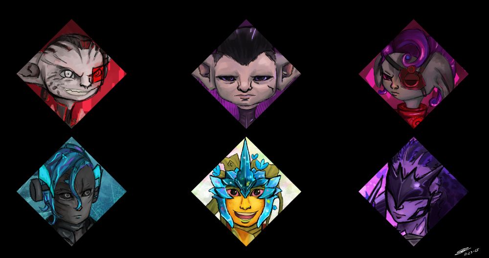 Art of 6 diamonds with the top being Sebb, Vloxx, Kuda, and the bottom being ocs, Emocja, Quin, and Ceres.