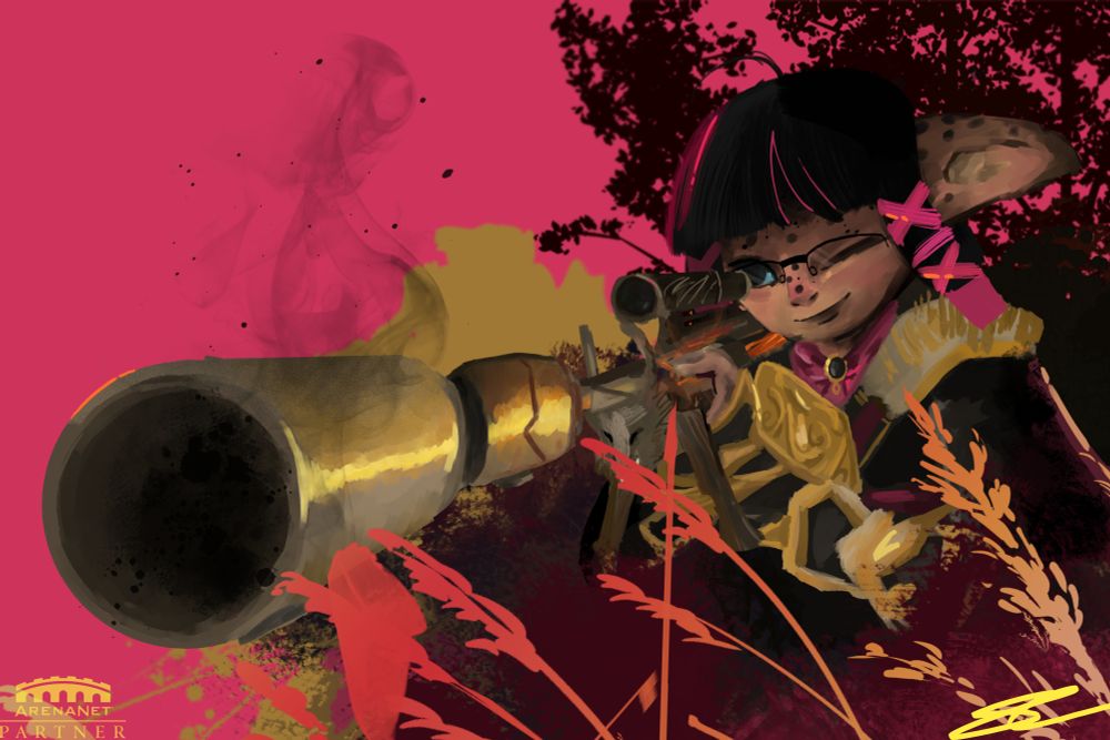 A female asura (Vana) Using the Predator Rifle, some smoke and ash comes from the barrel. 