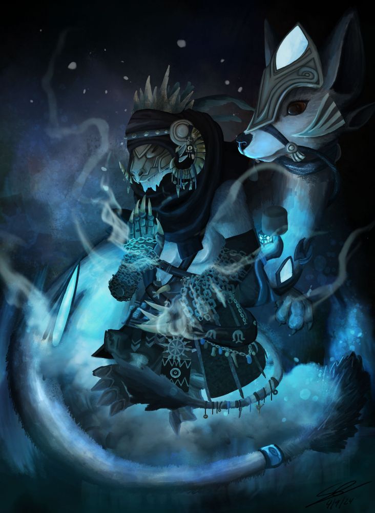 A charr revenant feet crossed and levitating. Their mount curled around them, watching. 