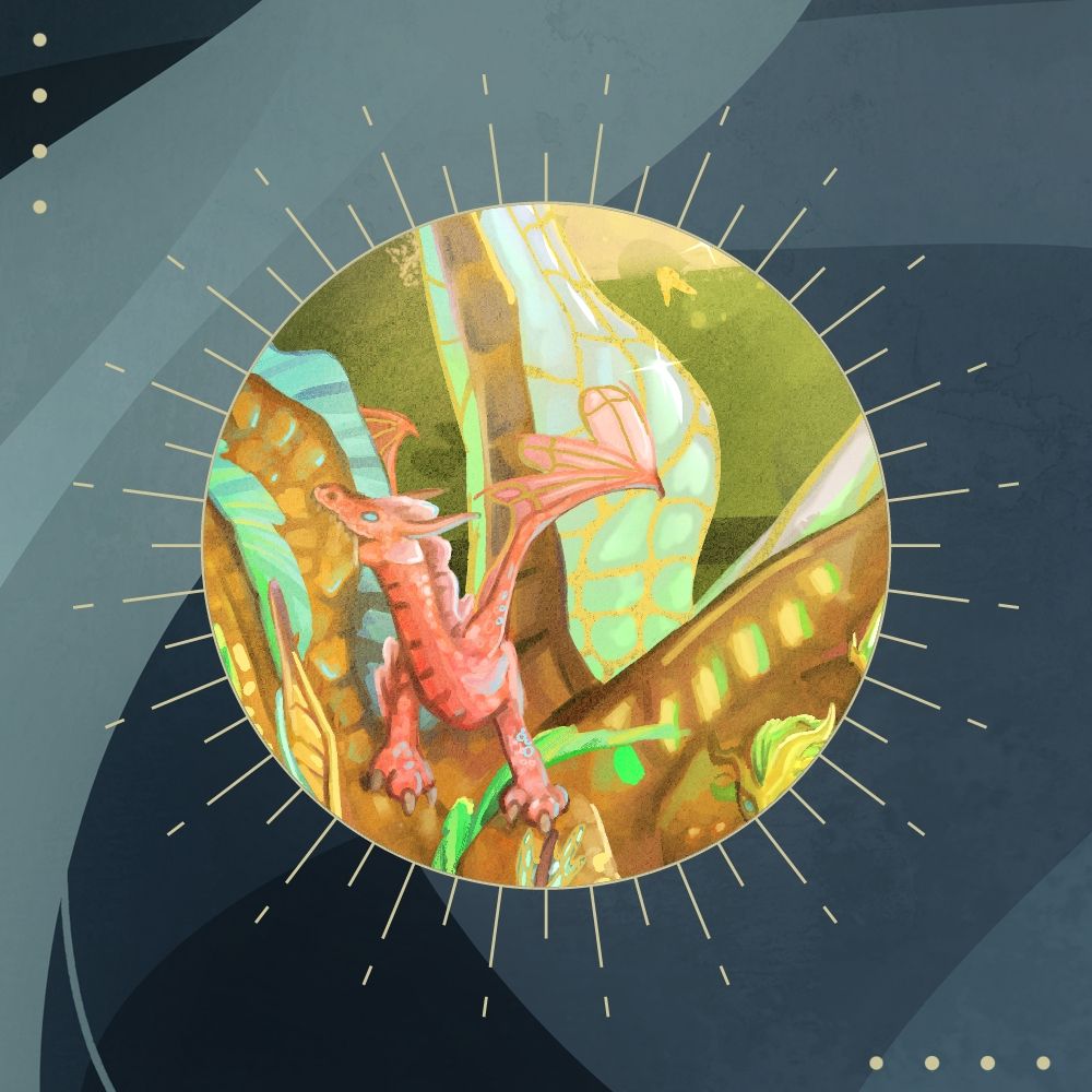 Teaser image of a lil dragon hatchling on somethings back in a green Background