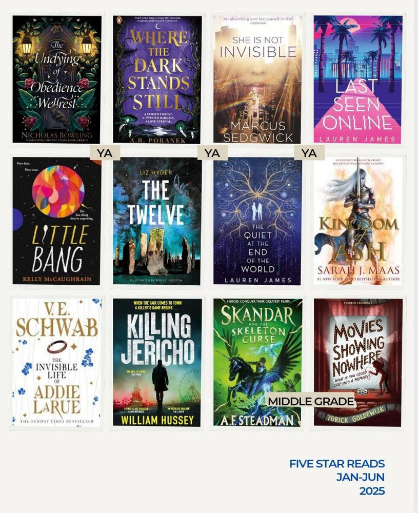 Front covers of 12 books: The Undying of Obedience Wellrest, Where the Dark Stands Still, She Is Not Invisible, Last Seen Online, Little Bang, The Twelve, The Quiet at the End of the World, Kingdom of Ash, The Invisible Life of Addie LaRue, Killing Jericho, Skandar and the Skeleton Curse and Movies Showing Nowhere.
