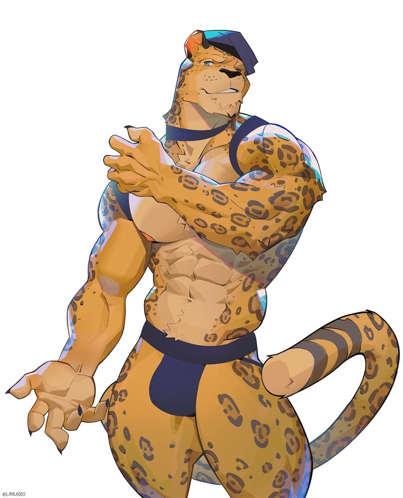 A muscular male anthropomorphic jaguar, wearing a blue military beret, choker collar, chest harness, and jock strap. He is posing as if looking in a gym mirror, and grinning