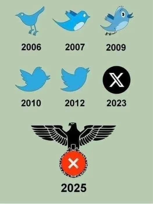 Image décrivant l'évolution du logo Twitter :
2006 : oiseau bleu avec oeil blanc 
2007 : oiseau bleu avec ventre blanc et oeil blanc 
2009 : oiseau bleu avec crête, ventre bleu clair, bec bleu foncé et oeil noir et blanc 
2010 : oiseau entièrement bleu 
2012 : oiseau entièrement bleu avec la tête qui va vers le haut 
2023 : cercle noir avec un x blanc à l'intérieur 
2025 : aigle ailes déployées sur un cercle rouge avec un x blanc à l'intérieur. Représentation du nazisme 