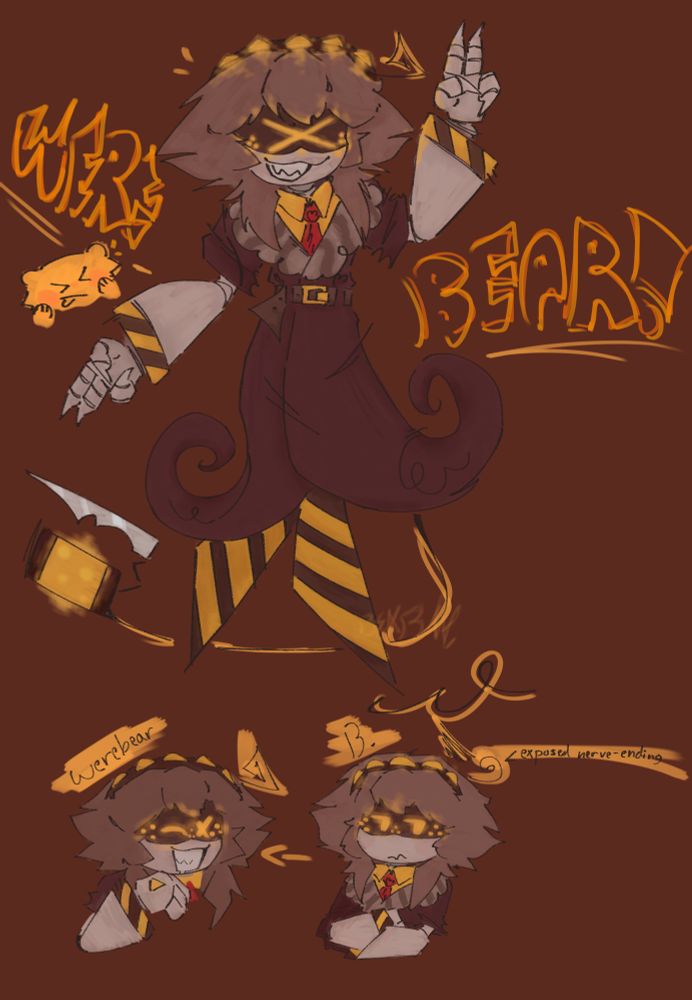 werebear doing the as above so below pose, (dont mind the left hand being not accurate i was drawing from memory *sob*) and the difference between wb and b!!