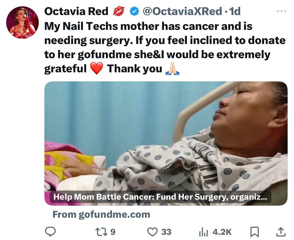 My Nail Techs mother has cancer and is needing surgery. If you feel inclined to donate to her gofundme she&l would be extremely grateful
Thank you