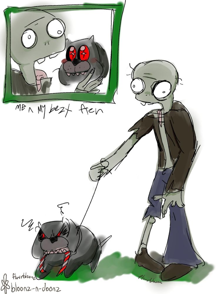 a pvz zombie holding a leash with an angry gray bulldog
top left has him and his dog in a picture. below is text that reads: me n my bezt fren [me and my best friend]