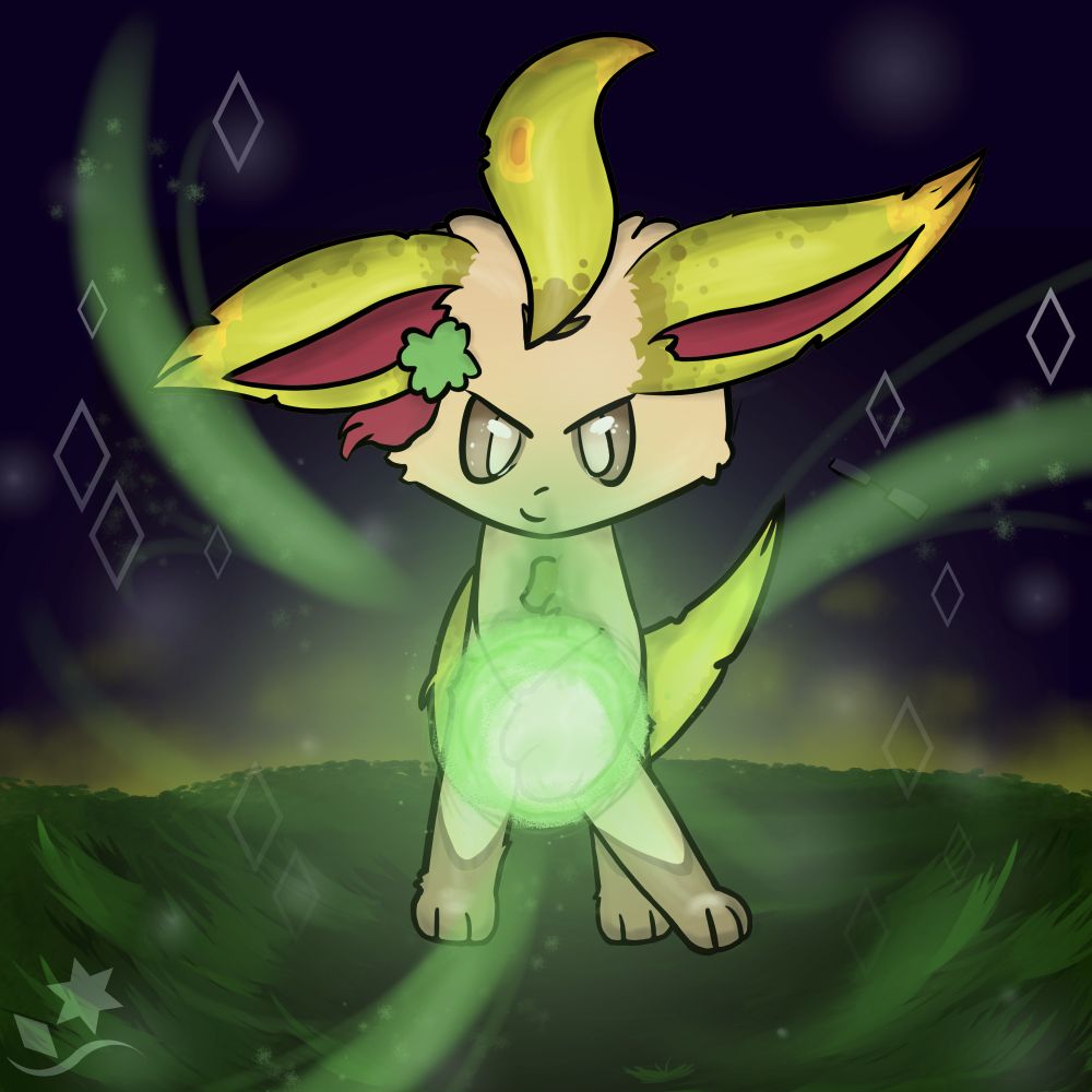 Loki (Leafeon) looking at the camera, casting Energy Ball.