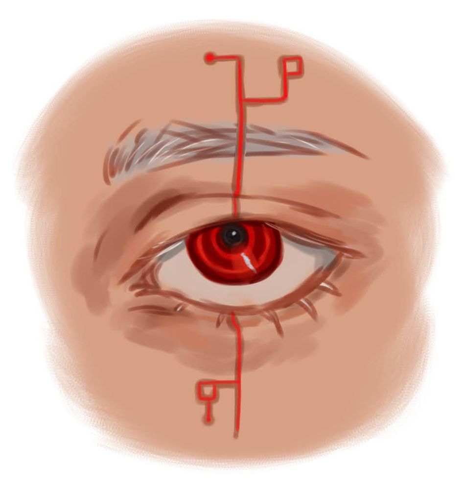 Etho's eye, with redstone circuits protruding from his skin like a scar. His eye looks like a camera lens, but more red.