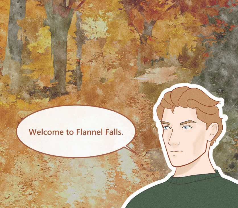 Visual novel mockup - a ginger man saying "Welcome to Flannel Falls." 
